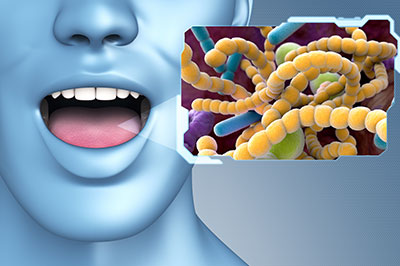 The image features a 3D rendering of a person s face with an open mouth, displaying a cellular structure resembling bacteria or viruses. The background is a gradient of blue shades, and there is a small inset image showing the same cellular structure from a different angle.