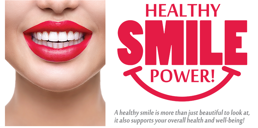 The image is a digital graphic with a white background featuring a woman s face, which is partially obscured by a red lipstick advertisement. The text on the ad reads  HEALTHY SMILE POWER  in bold, capitalized letters, and there are additional texts that say  SMILE  and  POWER,  along with smaller text that is not clearly legible.